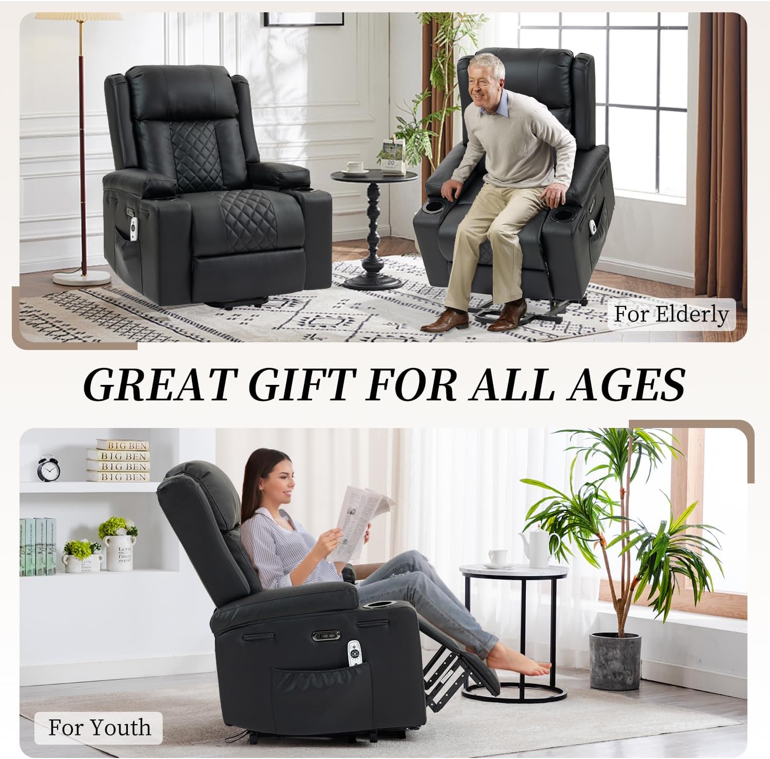 Power Lift Recliner Chair for Elderly with Vibration Massage and Lumbar Heating, Electric PU Leather Single Sofa with Cup Holders and USB & Type C Ports for Living Room, Black