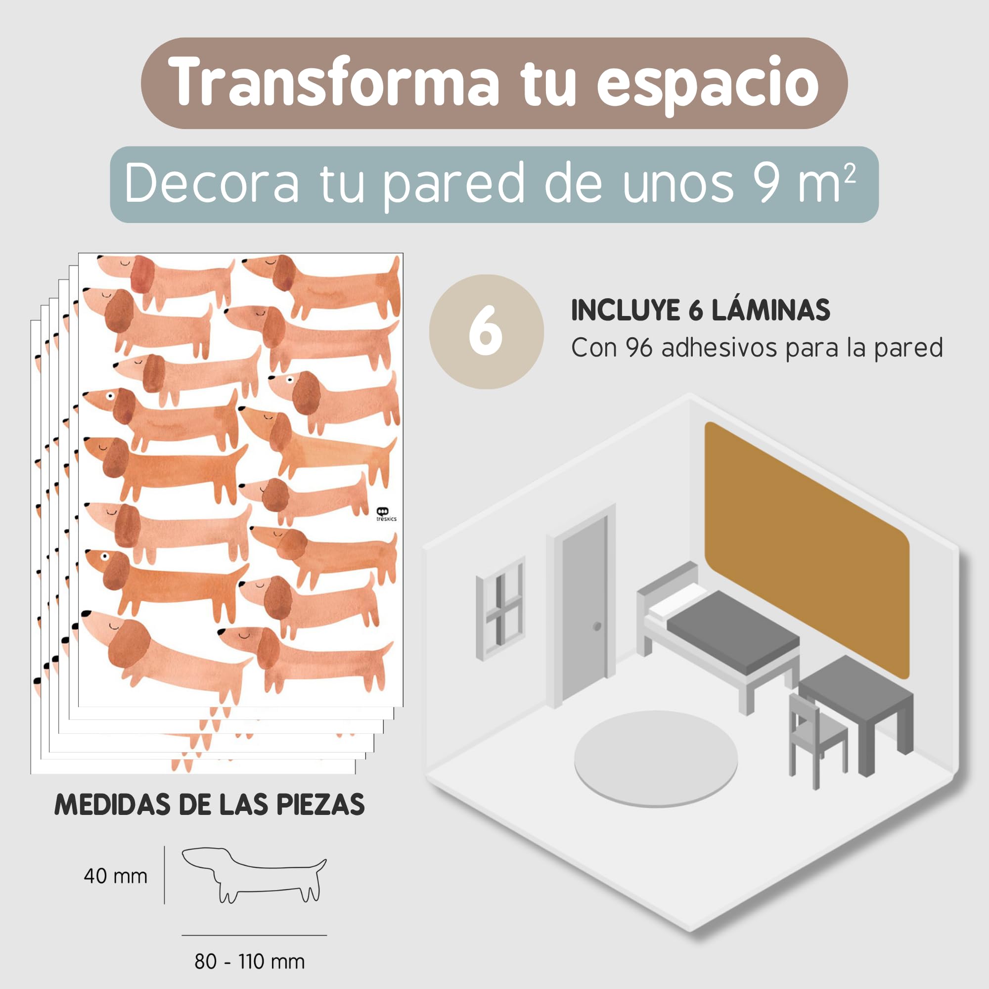 Pegatinas Pared Decorativas Infantiles Perro Teckel | 6 Láminas, 96 Perros Adhesivos | Vinilo Adhesivo Pared | Efecto Papel Pintado | Cubre 9 m² | TRESXICS (Marrón)