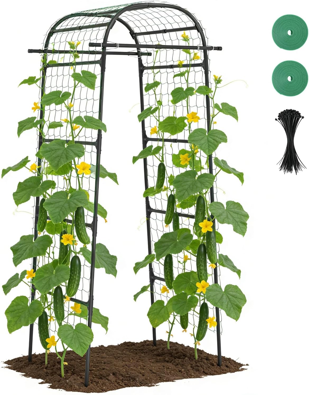 Suteck Garden Arch Cucumber Trellis – 85" Metal Garden Trellis Arch with Nylon Net for Climbing Vegetables, Vertical Plant Support for Raised Beds, Backyards & Patios, Ideal for Home Gardeners