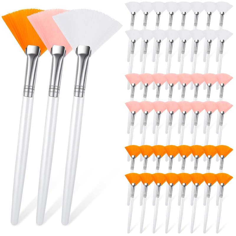 Rtteri Pincéis leque para rosto, sintéticos, 48 unidades, rosa, branco e laranja