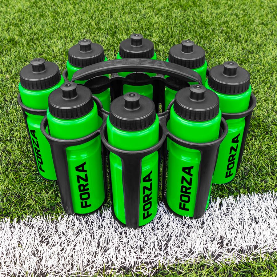 FORZA Water Bottles + Carrier Set [8x Bottles] | Hygeine [1L] or Sports Bottle [750ml] with Stackable Carrier for Football, Rugby, Training, Gym & Teams (Green, Sports Bottles)