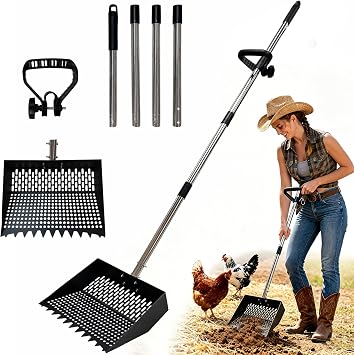 Chicken Poop Scooper 2-in-1 Large Metal Chicken Coop Rake and Scoop with Adjustable Handle Multifunctional Sifting Shovel for Farm, Animal Litter, Beach, Sand, Snow