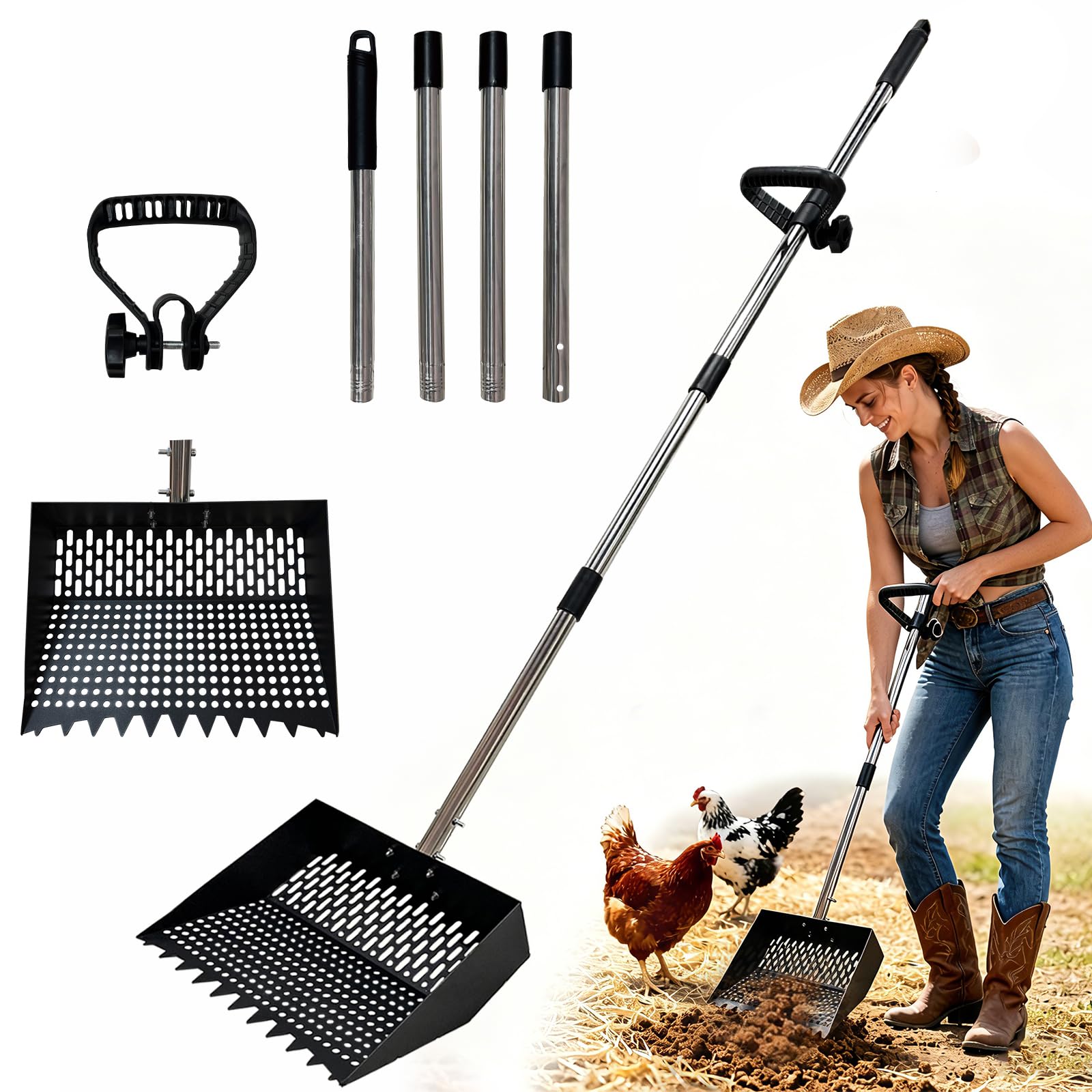 Laaorr Chicken Poop Scooper 2-in-1 Large Metal Chicken Coop Rake and Scoop with Adjustable Handle Multifunctional Sifting Shovel for Farm, Animal Litter, Beach, Sand, Snow