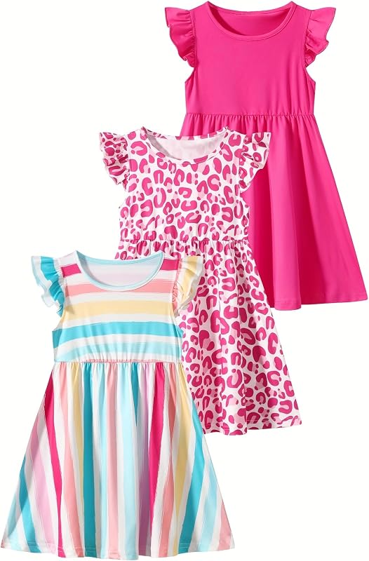 Girl Floral Skater Multipack Dresses 3-Pack Polka Dots Short Sleeve Priness A-line Dress