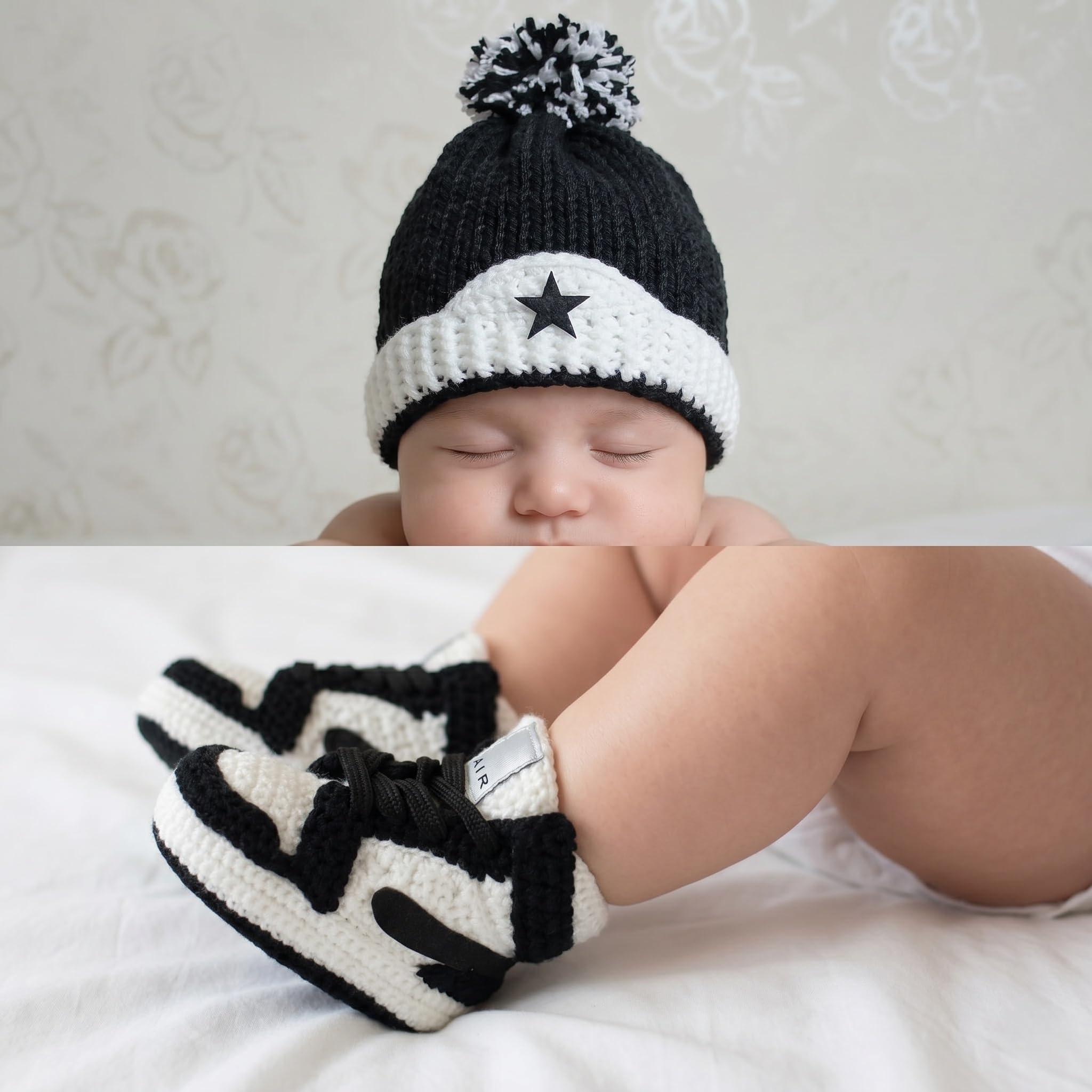 Häkel Baby Jordan Sneaker Booties und Mütze Set Schwarz Weiß für Neugeborene Jungen Mädchen, Basketball High-Top Krabbelschuhe, Heimkehr-Outfit, Babyparty Geschenk, 0-3M 3-6M 6-9M 9-12M