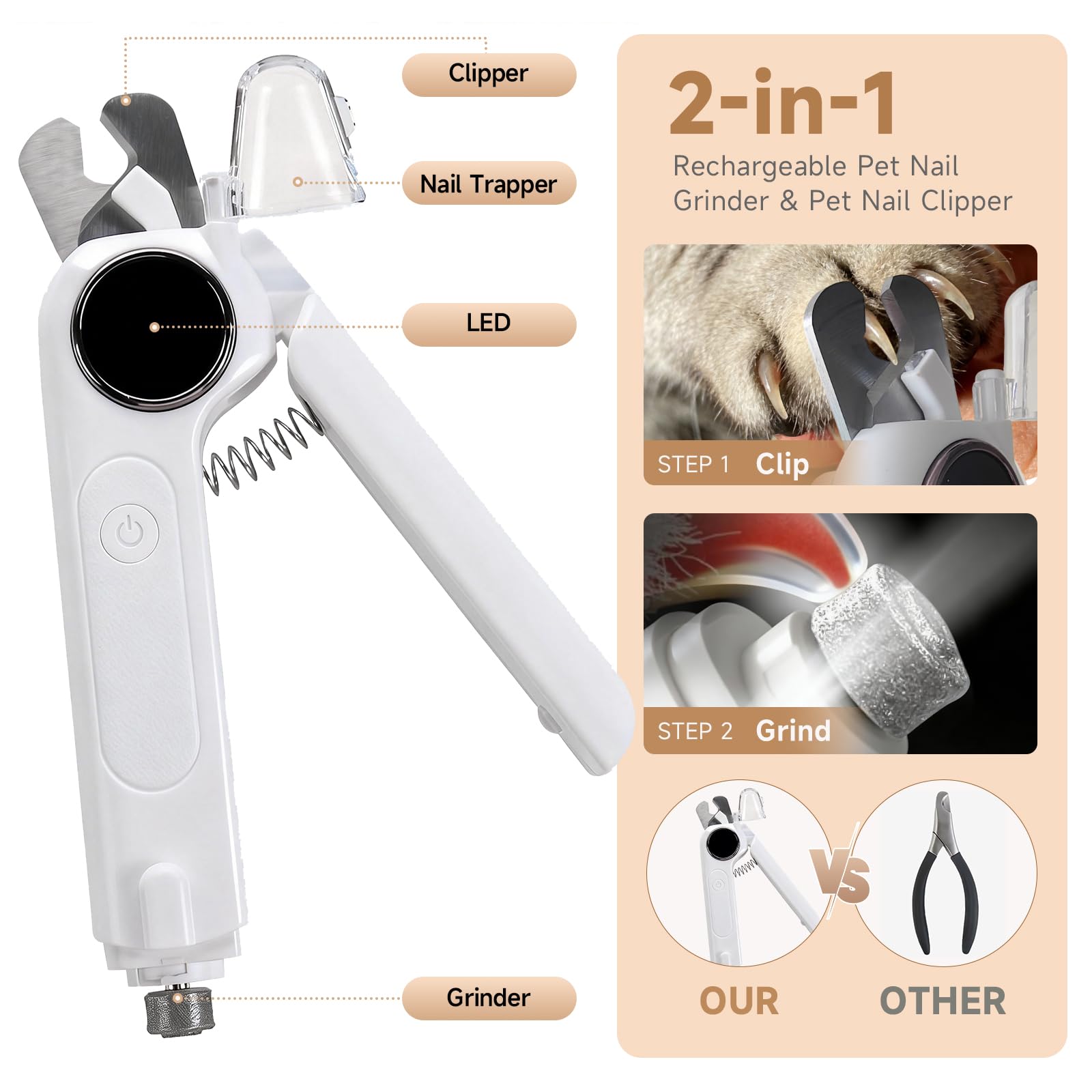 2-in-1 Dog Cat Nail Grinder & Clipper with LED Light, Pet Nail Clippers for Large Medium Puppy Dogs Ultra Quiet, Dog Cat Nail Trimmers with Splash Guard, Electric Dog Cat Claw Care File (White) - image 2