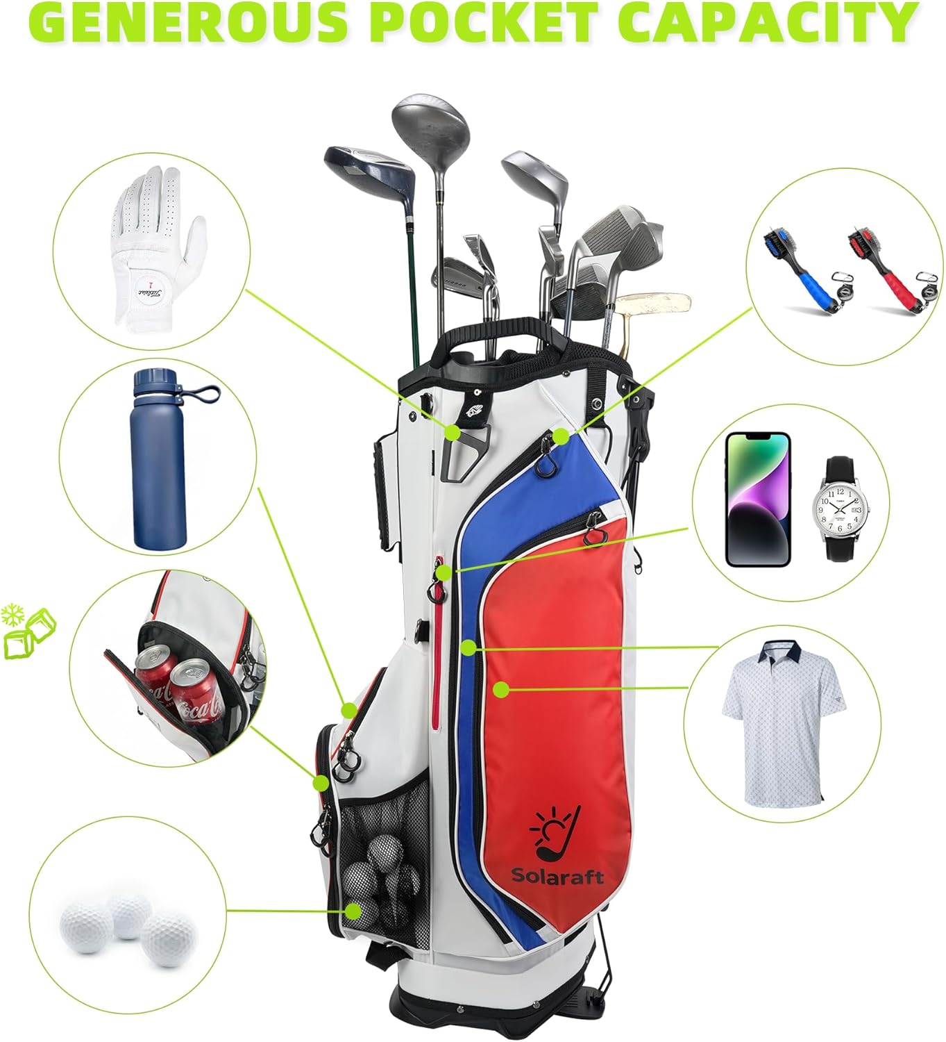 Golf Stand Bag, 15-Way Full-Length Dividers, Lightweight with Stable Carbon Fiber Legs, Waterproof Golf Bag for Men Women, Golf Course & Travel Use
