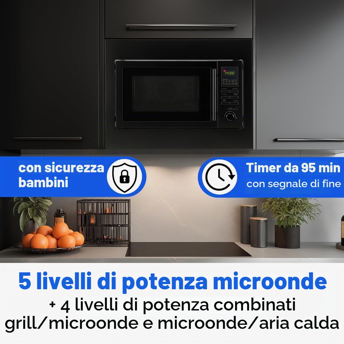 Forno a microonde da incasso Bomann con grill e convezione, 60 cm, Microonde 900 W, Grill 1100 W, Convezione 2500 W, Include griglia e piatto girevole, Microonde da incasso 25 l, MWG 2216 H EB Nero