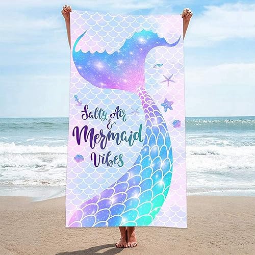 Miniatura 5 de Bonsai Tree Toalla de playa de sirena, linda toalla de baño de microfibra con cola de sirena para niñas, escamas de sirena, sin arena, de secado