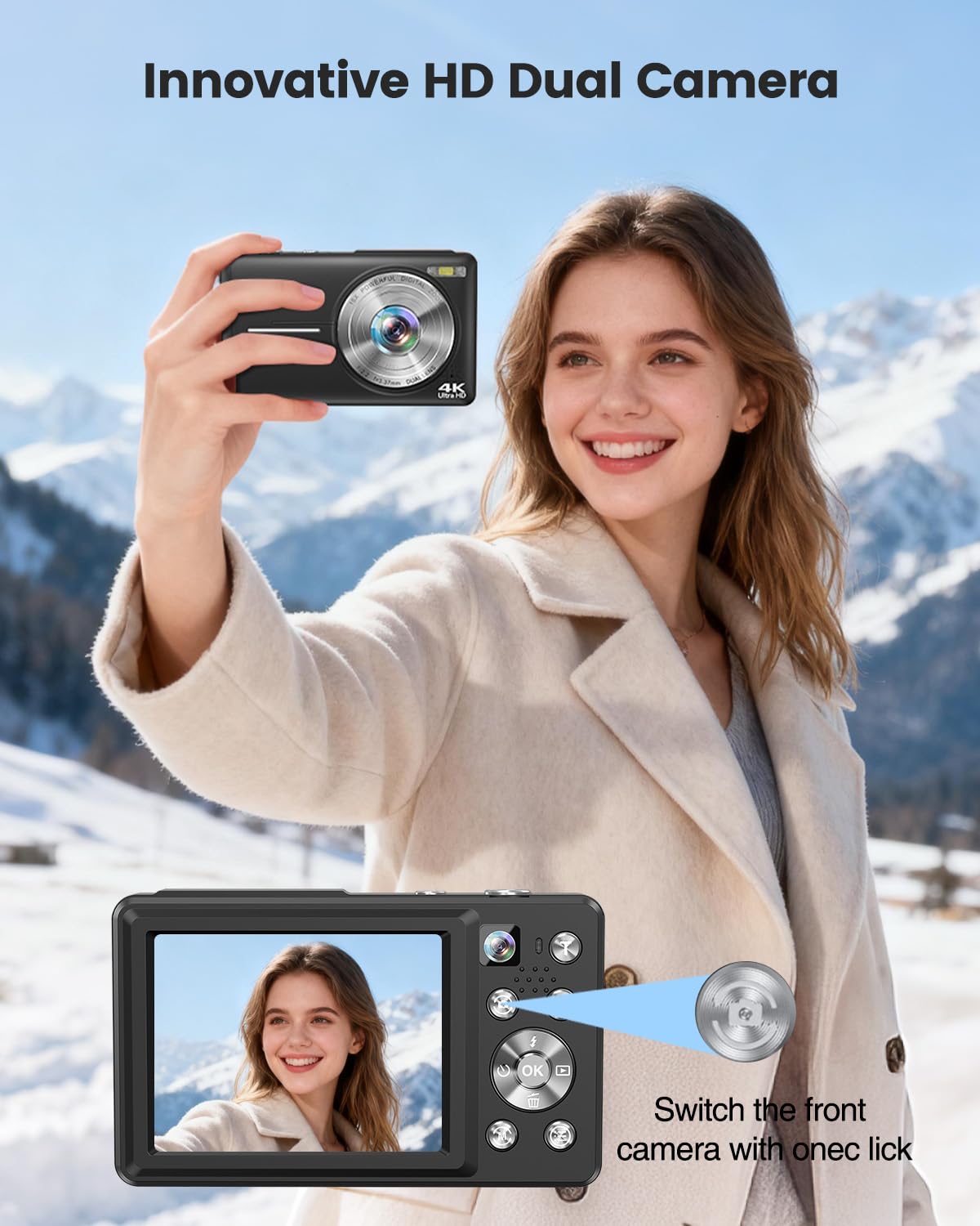 Cámara Digital 4K de 64 MP, Enfoque automático, cámara de Fotos Dual con Tarjeta de 32 GB, Zoom Digital de 16X, cámara Digital compacta con 2 baterías para Principiantes y Adolescentes
