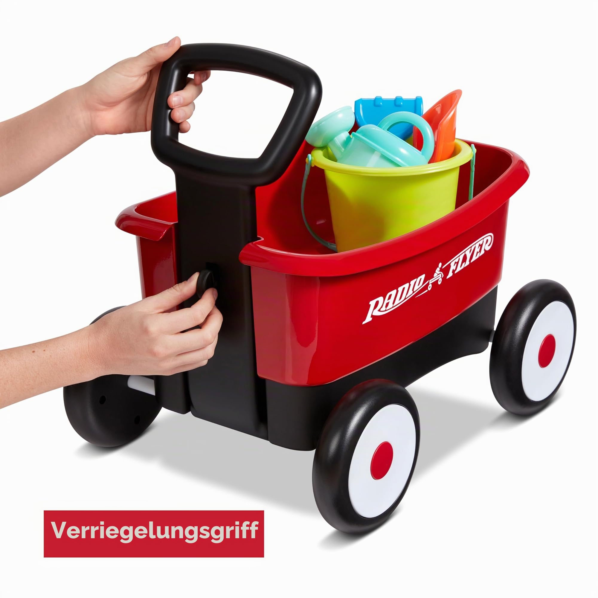 Radio Flyer Push & Pull Walker Kombi mit Gartengeräten, roter 2-in-1 Wagen für Kleinkinder, für 1–4 Jahre
