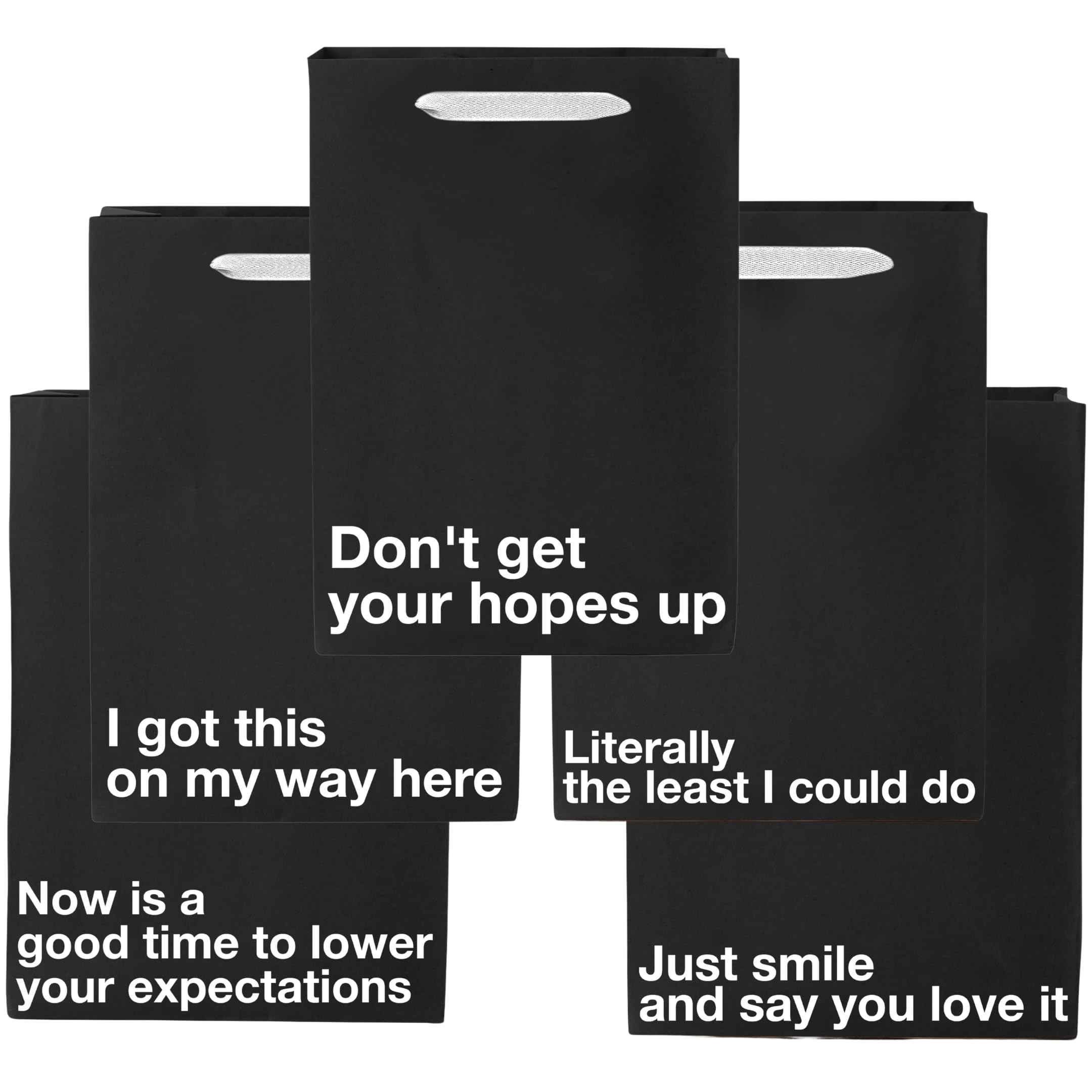 MilkToast Brands Funny Gift Bag Set of 5, 11" x 8" x 4", Bulk Pack of Black Kraft Paper Bags with Sarcastic Phrases for White Elephant Gifts, Christmas, Holidays, Office Parties, Father's Day