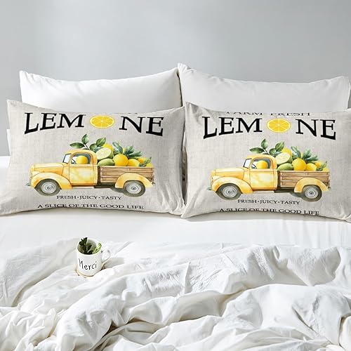 Miniatura 4 de Juego de funda de edredón de automóvil de camión de limón, tamaño King, juego de ropa de cama con estampado rústico de estilo rústico para niños,