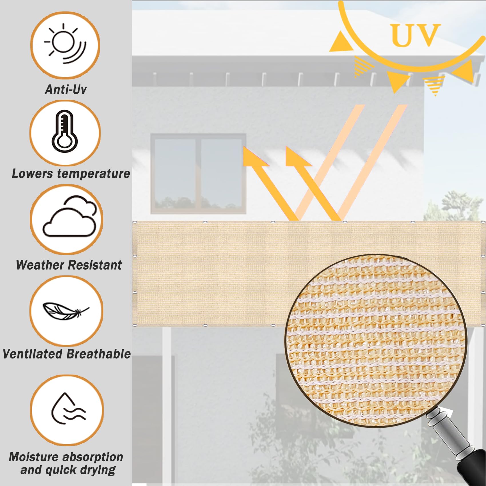 Siatka Zacieniająca 0.7 x 8 m HDPE 220 G M² Bez Wiercenia, Nieprzejrzysta, Odporna Na Uv, Odporna Na Rozdarcie, Ogrodzenie Ogrodowe Z Oczkami I Linką Do Ogrodu Patio, Kolor kremowy