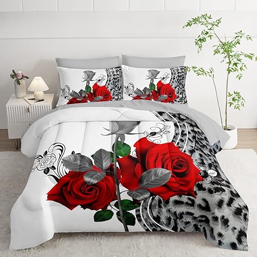 Miniatura 5 de AILONEN Juego de edredón con estampado de leopardo rosa para niñas, mujeres y amantes de parejas, 7 piezas con temática de rosas rojas y animales en