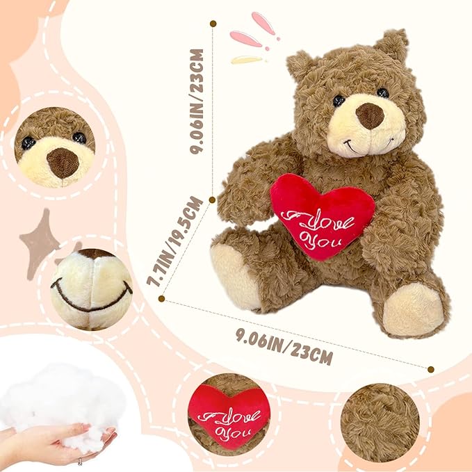 Oso de Peluche Marrón con Corazón Rojo I Love You 9 Pulgadas miniatura 3