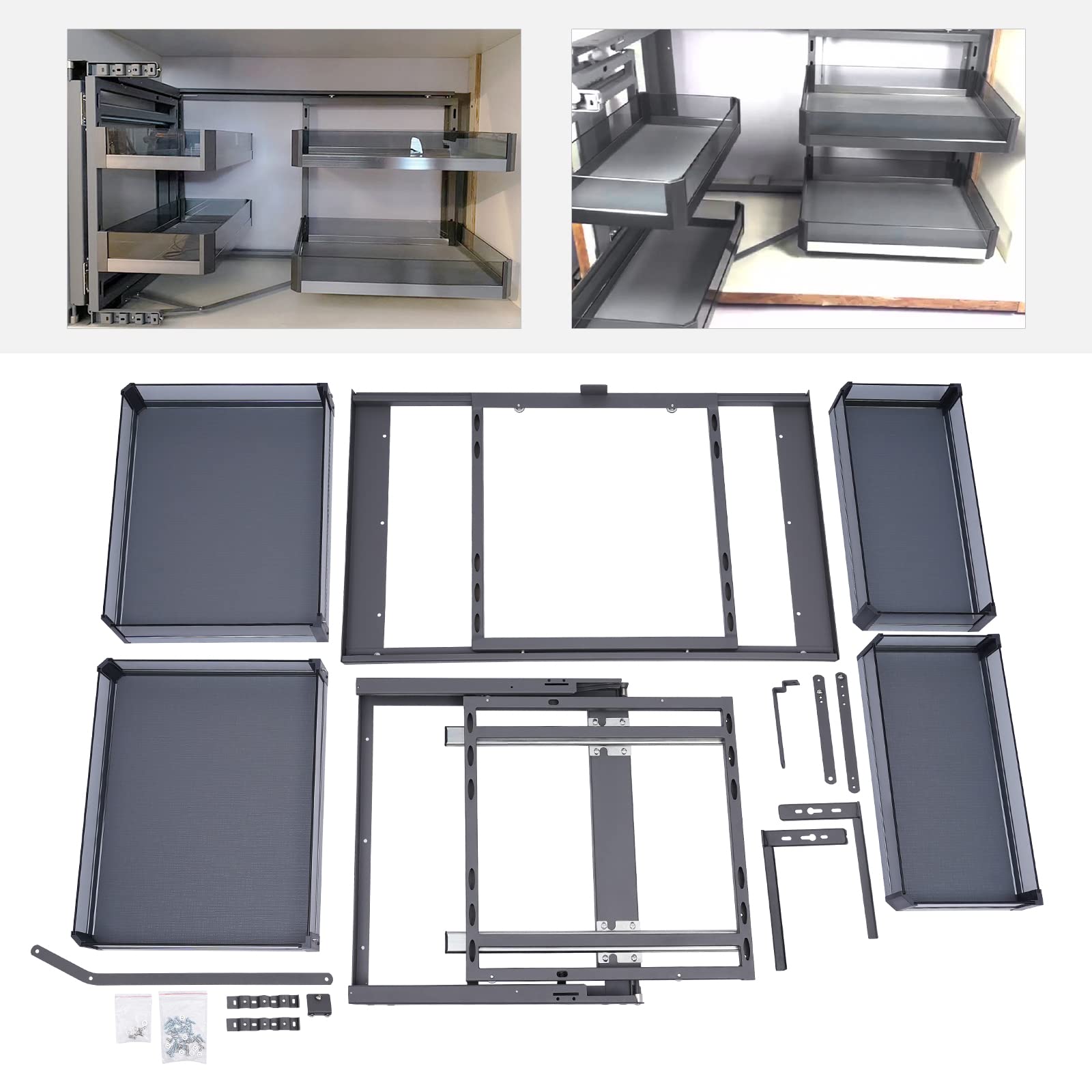 YSHUSTGY Blind Corner Cabinet Pull Out for 14 Inch Organizer,Hidden Duty Kitchen Corner Cabinet Organizer,Height Adjustable Chrome Soft Close Blind with Four Shelf for to Place Pots Pans