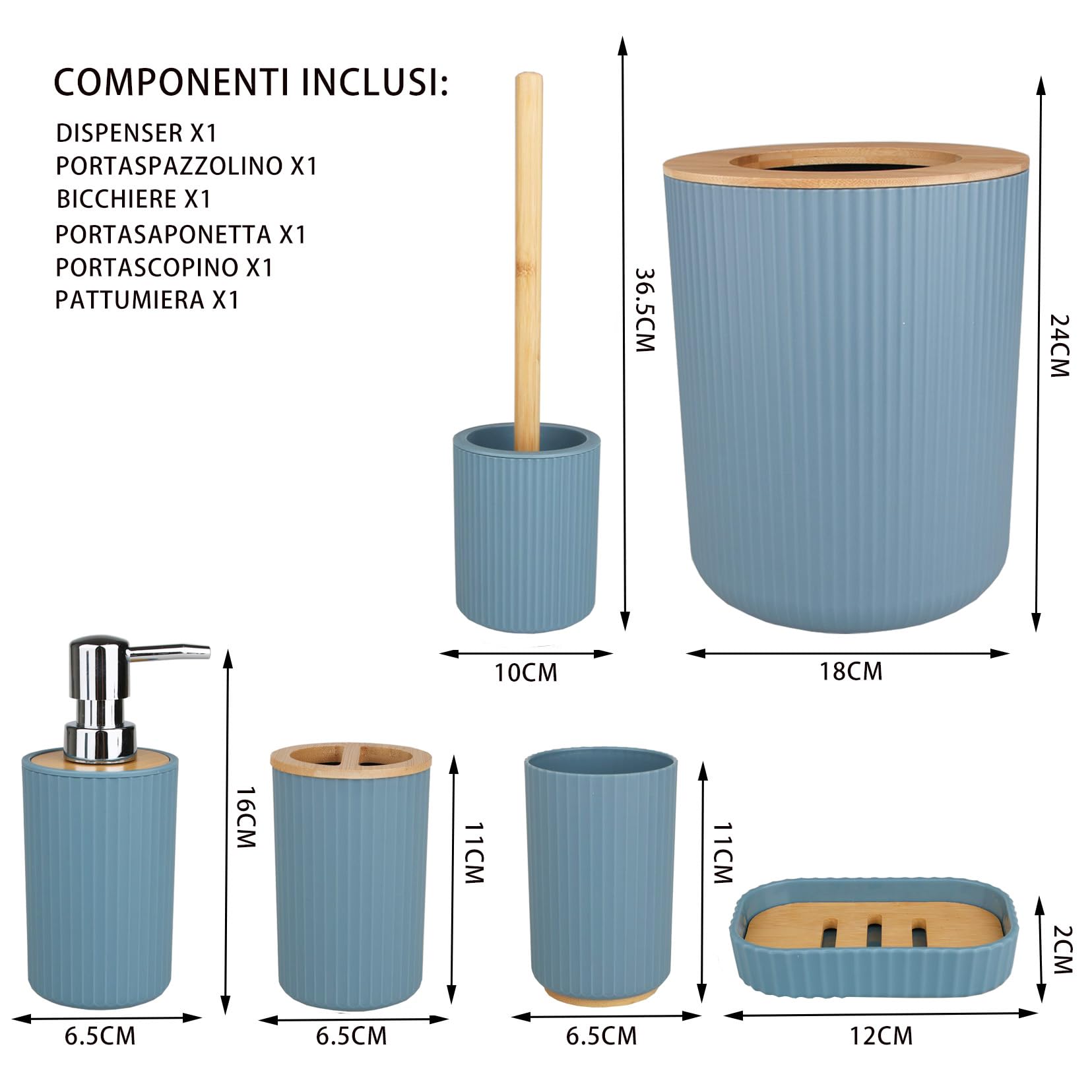 Set Accessori Bagno 6 Pezzi BM - Portaspazzolino, Dispenser, Portasapone, Blu Avio, Plastica - Foto 9