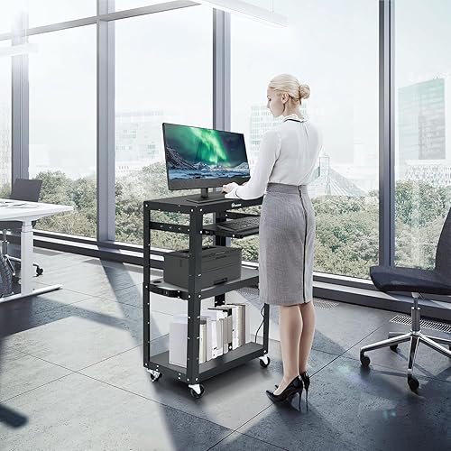 Miniatura 7 de YITAHOME Carro AV grande con cable extra largo de 16.4 pies, carrito de presentación de metal con bandeja para teclado, carros rodantes con ruedas y