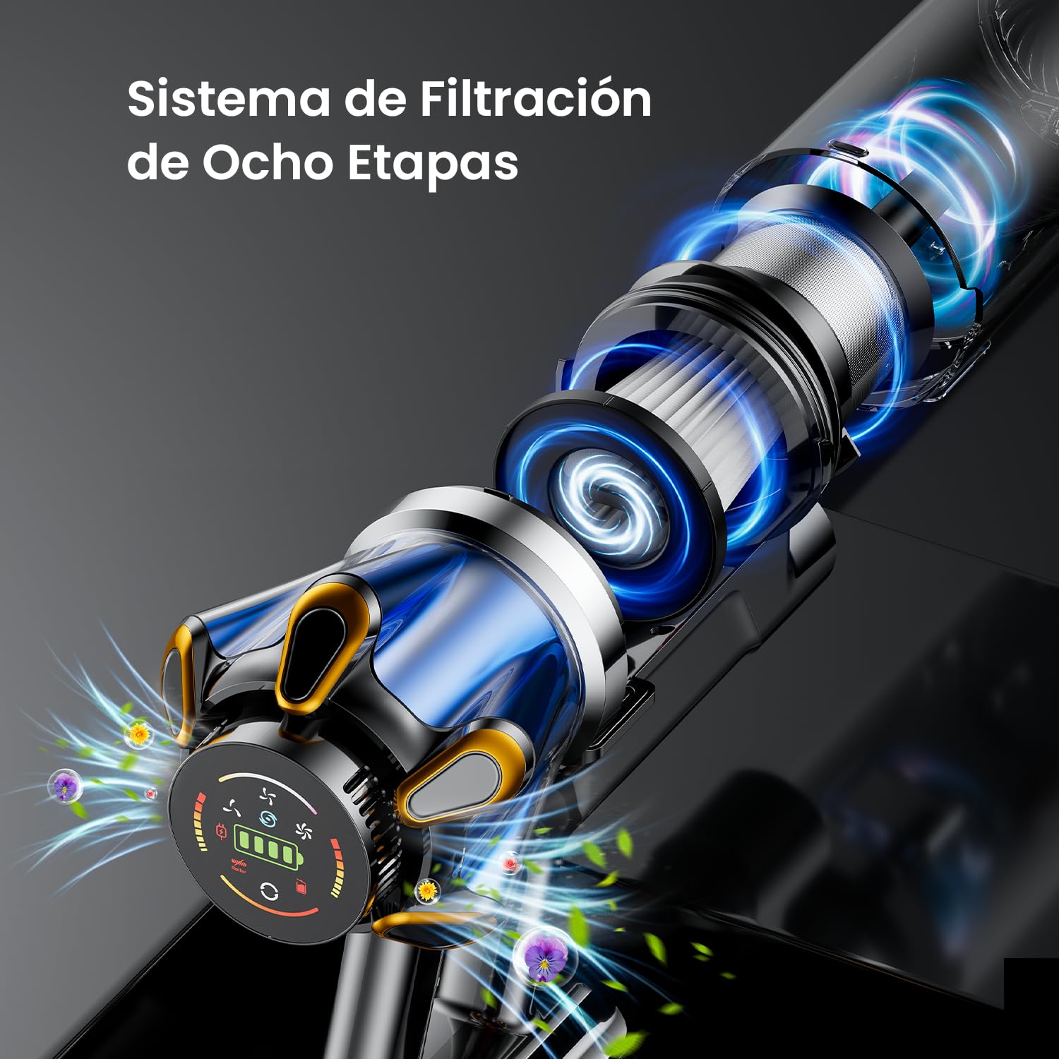 Aspiradora sin Cable 55KPa/650W/70Min Alfombras/Pelos Mascotas/Suelos Duros | Aspiradora Vertical sin Cable con Pantalla LED, Cepillo Anti-Enredos, Depósito 1,8L, Filtración 8 Etapas, Base de Carga Mural