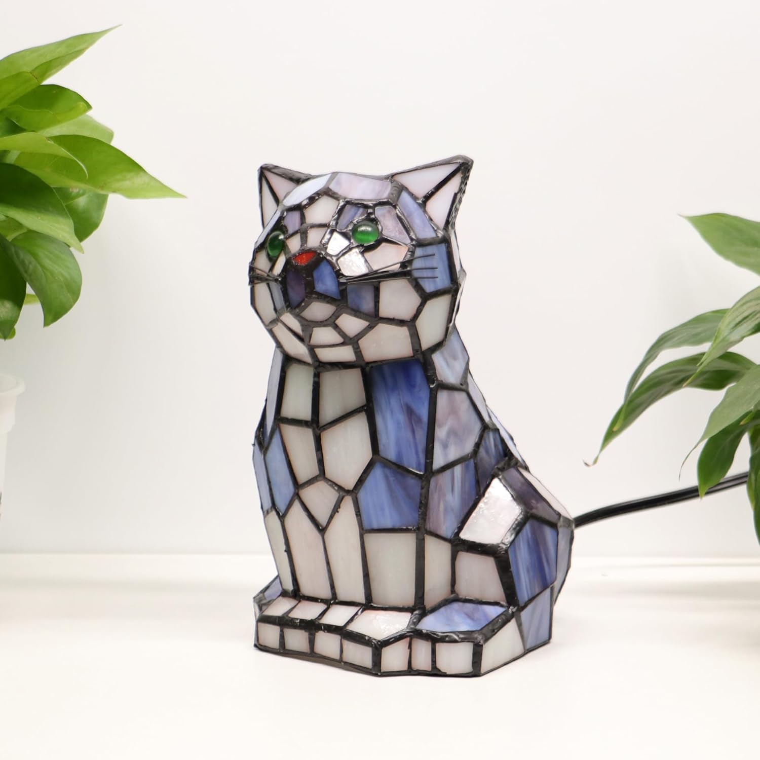 Tiffany Cat Lamp Blue and White Stained Glass Animal Table Lamp Accent Lamp
