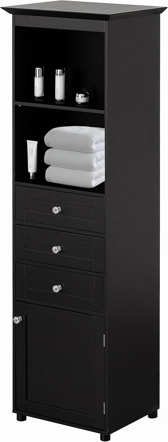 Basicwise Freestanding Storage Cabinet with Shelves Drawers & Door Linen Tower Organizer for Towels Toiletries and Essentials Floor Standing Cupboard for Bathroom Bedroom or Laundry Room, Black