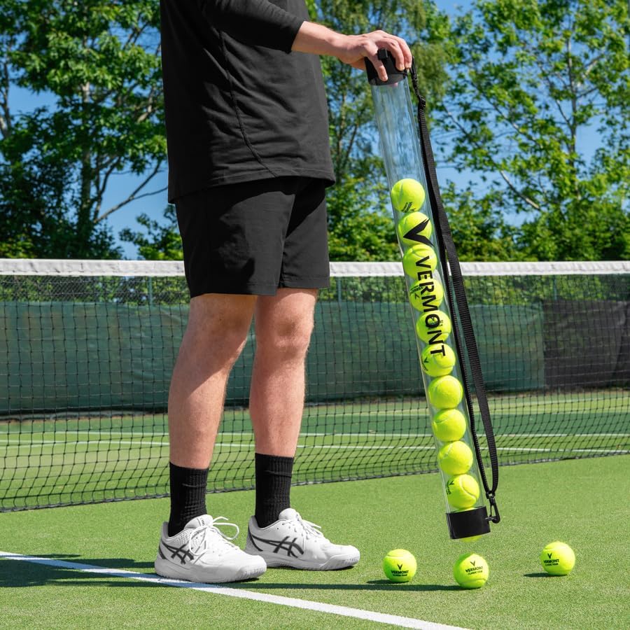 Vermont Tennis Ball Pick-Up Tube - Simple Tennis Ball Collection – 15-Ball Capacity (Regular Tennis Balls) | Long-Lasting PVC Construction | Top Rubber Lock Strap