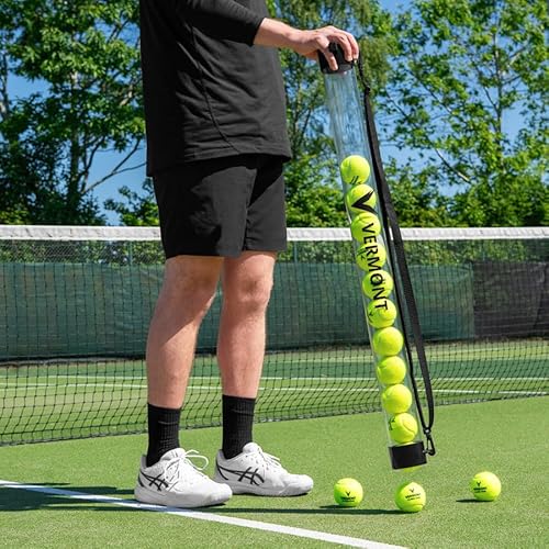 Vermont Tennis Ball Pick-Up Tube - Simple Tennis Ball Collection – 15-Ball Capacity (Regular Tennis Balls) | Long-Lasting PVC Construction | Top Rubber Lock Strap