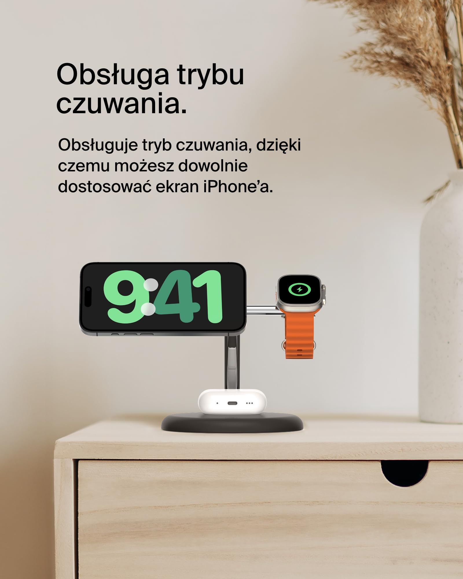Bezprzewodowa podstawka ładująca Belkin 3 w 1 o mocy 15 W z technologią Qi2 zgodną z MagSafe, szybka ładowarka do urządzeń iPhone serii 16, 15, 14, AirPods, Apple Watch (zasilacz w zestawie) – czarna