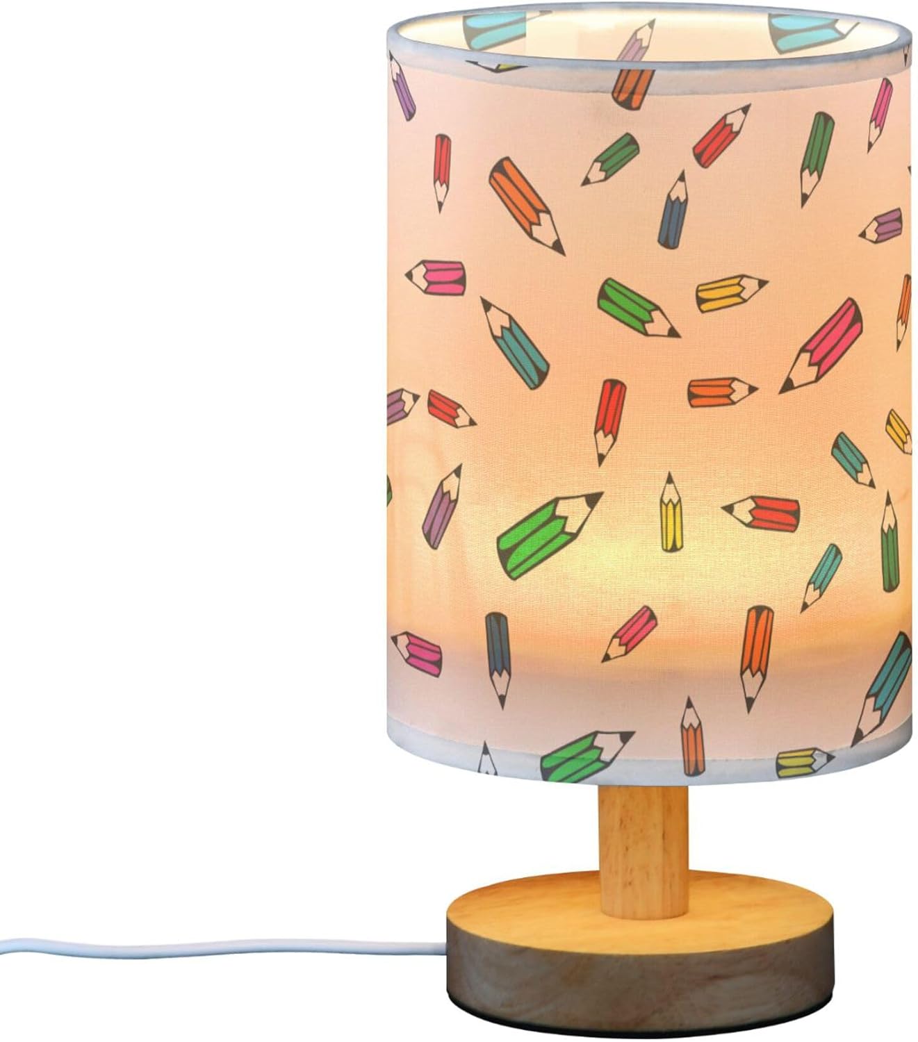 Table Lamp Colorful Pencil Pattern Nightstand Lamp with Wood Base Fabric Lamp Shade Bedside Desk Lamp for Living Room Bedroom Kids Room Office