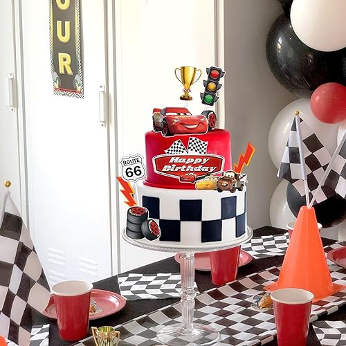 Miniatura 6 de 10 piezas de decoración de pasteles de autos de carreras, decoración de pasteles de autos de carreras, bandera a cuadros, decoración de pasteles con