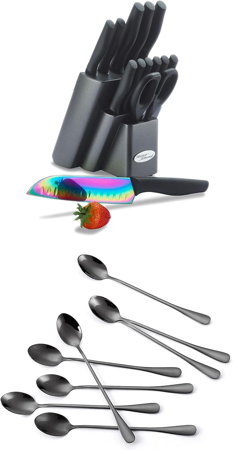 KYA25 Rainbow Color Knife Block Set + KYA59 Titanium Coated Stainless Steel Long Handle Spoons