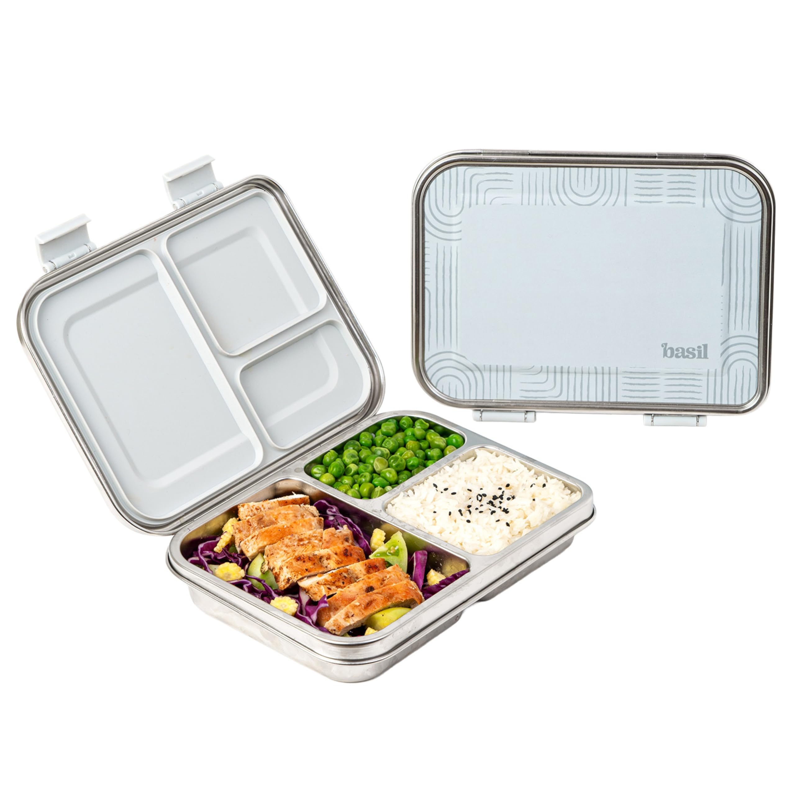 Basil Bento Neo Classic 2025 – New & Improved, 1000ml 3-Compartment Stainless Steel Lunch Box for Adults, Teens & Kids | Leak-Proof & Easy to Open Tiffin for Office, School, College - Grey