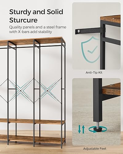 Miniatura 5 de SONGMICS Armario, armario portátil de hierro y madera, perchero de ropa resistente, Armarios de dormitorio con 3 varillas para colgar, 9 estantes de