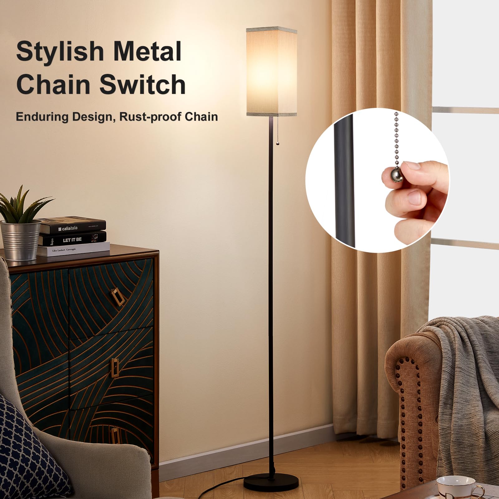 Ziisee Grey Floor Lamp for Bedroom Modern - 3 Color Temperature Black Standing Lamps with Pull Chain Switch, Tall Lamp for Office Home Nursery and Hotel, Pole Lamp for Reading