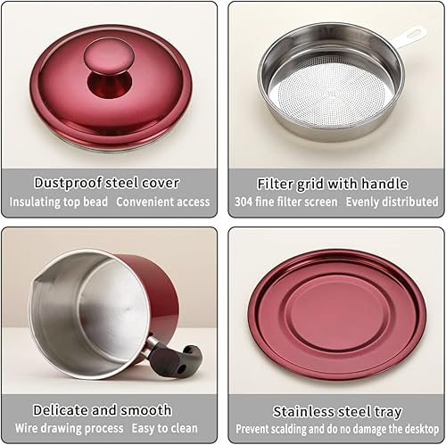 Miniatura 8 de Kyraton Recipiente de grasa de tocino con colador, recipiente de aceite de acero inoxidable rojo brillante de metal de 48 onzas, almacenamiento de