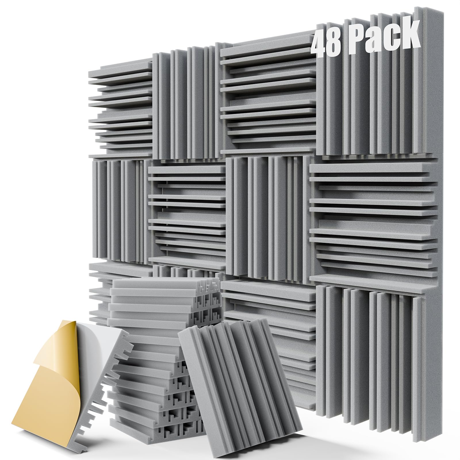48 Pack Sound Proof Foam Panels for Walls, 12" x 12" x 2" Self-Adhesive Acoustic Panels, High-Density Soundproof Wall Panels for Studio, Home, and Ceilings (Gray)