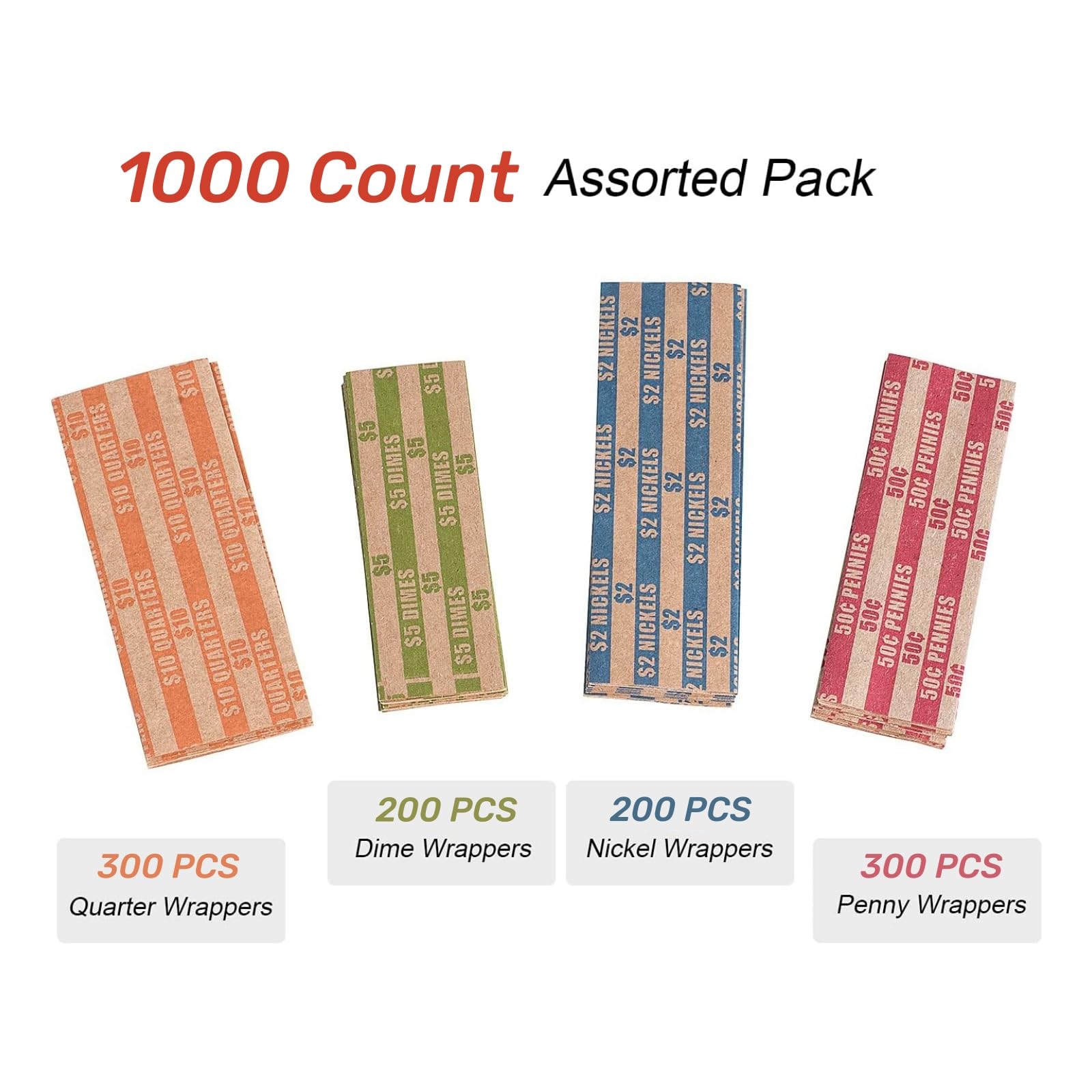 Assorted Coin Wraps 1000 Pieces Flat Coin Rolls Including 300 Quarter Wraps, 300 Penny Wrappers, 200 Dime Wrappers, 200 Nickel Wraps