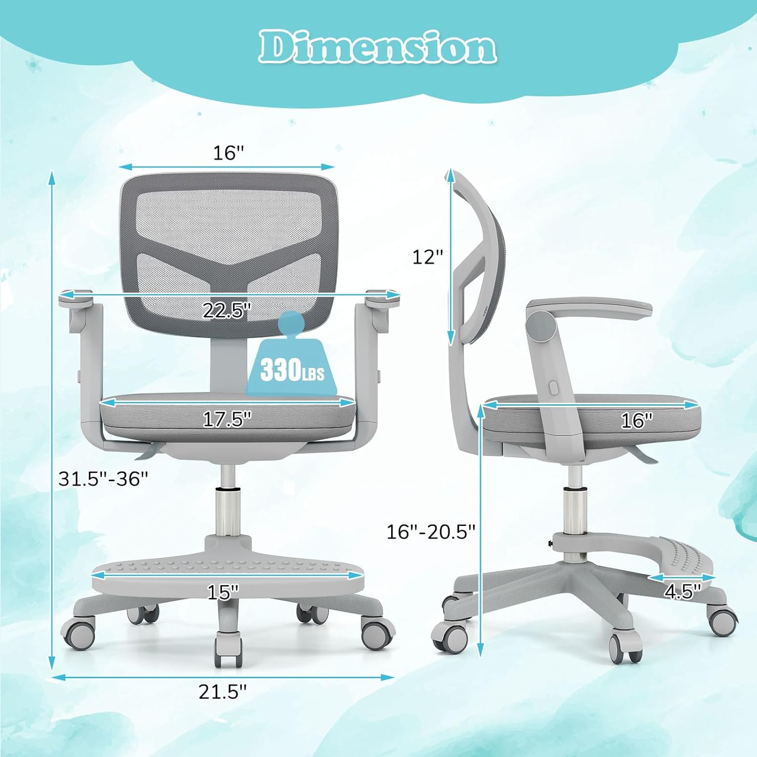 Giantex Kids Desk Chair, Ergonomic Adjustable Student Rolling Chair with Footrest & Flip-up Armrest, Mesh Children Office Chair with Universal Wheels, Kids Computer Chair for Boys & Girls, Grey