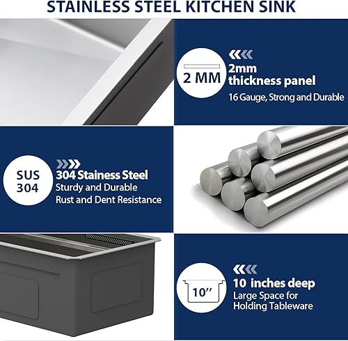 Miniatura 86 de Lordear Fregadero de cocina de montaje inferior de 23 pulgadas, estación de trabajo, fregadero de cocina de acero inoxidable calibre 16, cuenco