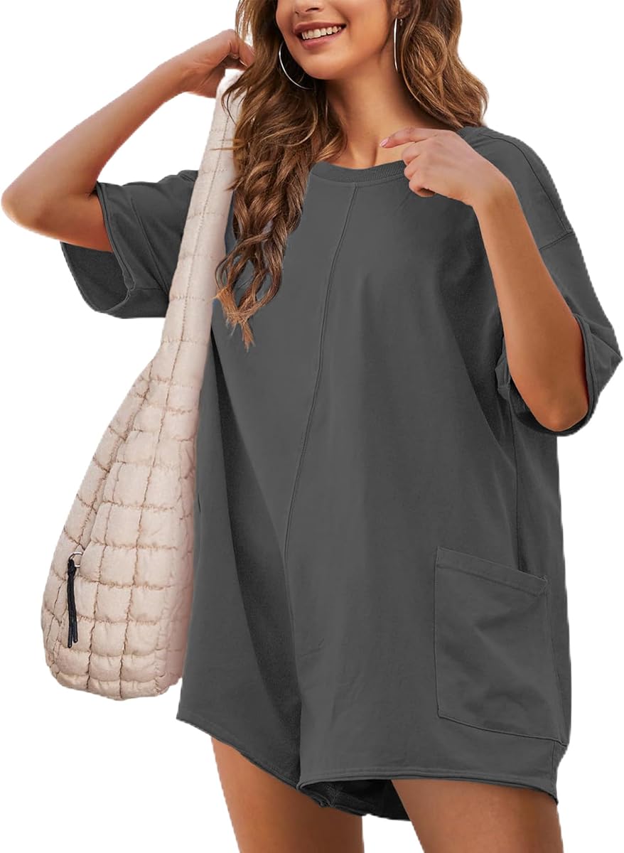 Womens Oversized Tee Rompers Athletic Workout Jumpsuit Overalls | Summer Tshirt Rompers with Pockets, Short Sleeve, V-Back Reversible, Comfy Cotton Blend, Beach Vacation and Daily Wear
