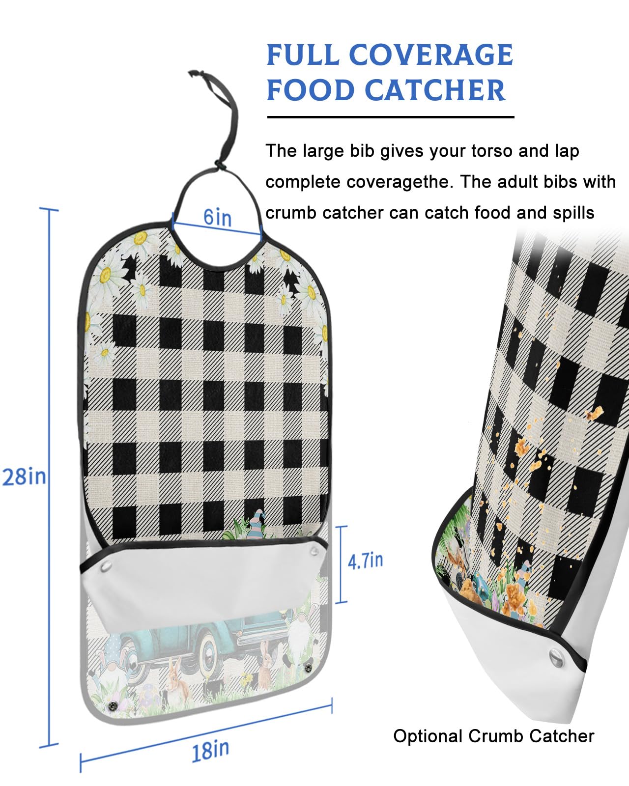 Spring Easter Adult Bibs for Eating, Waterproof Bibs with Food Catcher & Adjustable Snap Closure, Truck Colorful Eggs Bunny Gnomes Black Plaid Clothing Protectors Adult Bibs for Elderly Women/Men