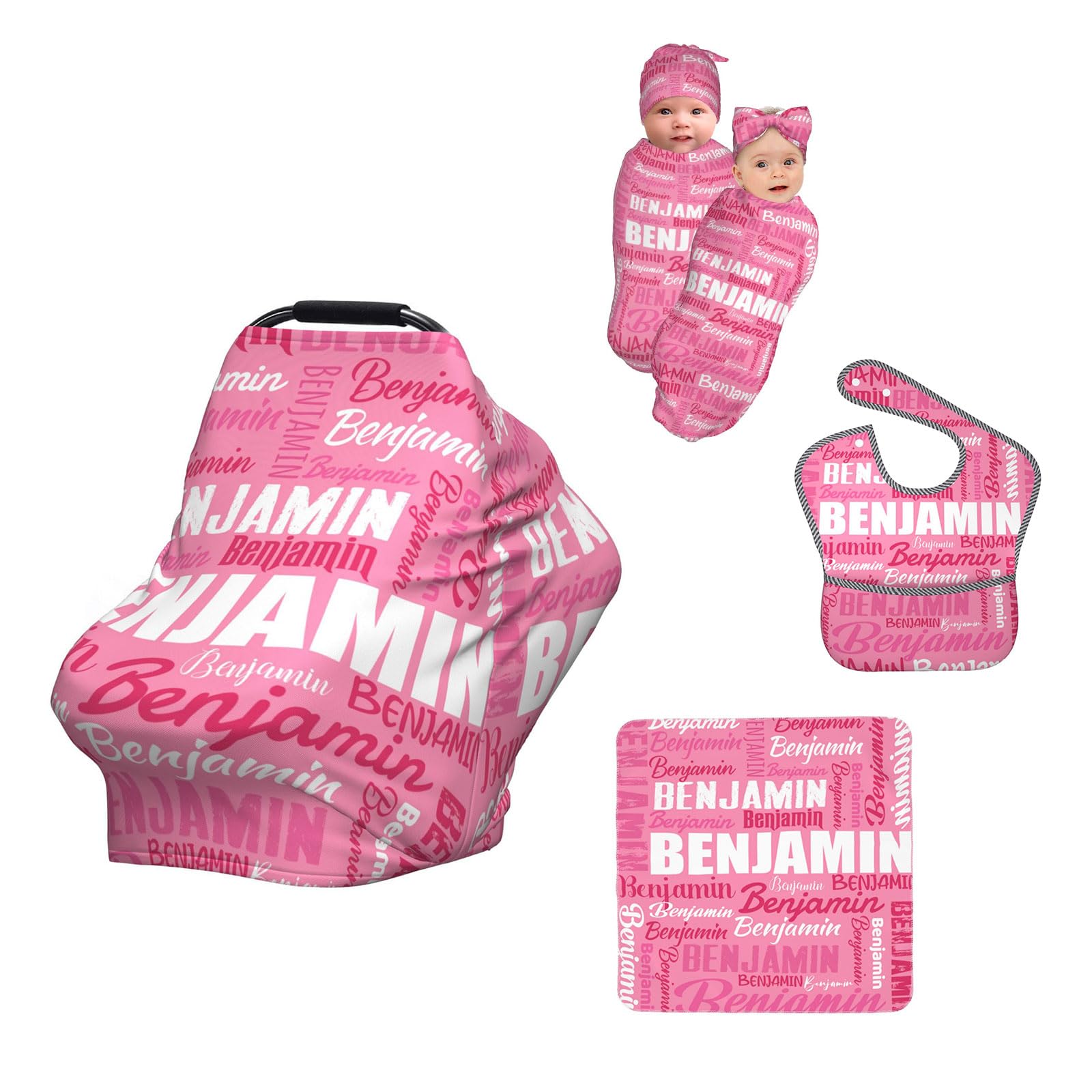 Personalized Baby Car Seat Cover for Boys Girls, Custom Monogram Nursing Covers for Breastfeeding with Name, Infant Stroller Cover, Optional Baby Bib,