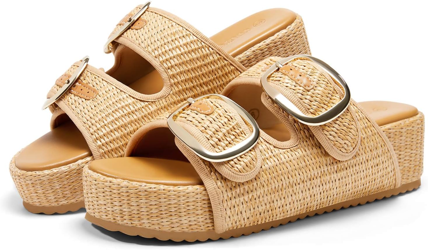 Womens Platform Sandals Raffia Espadrilles Two Band Open Toe Slip On Slides Beach Vacation Shoes