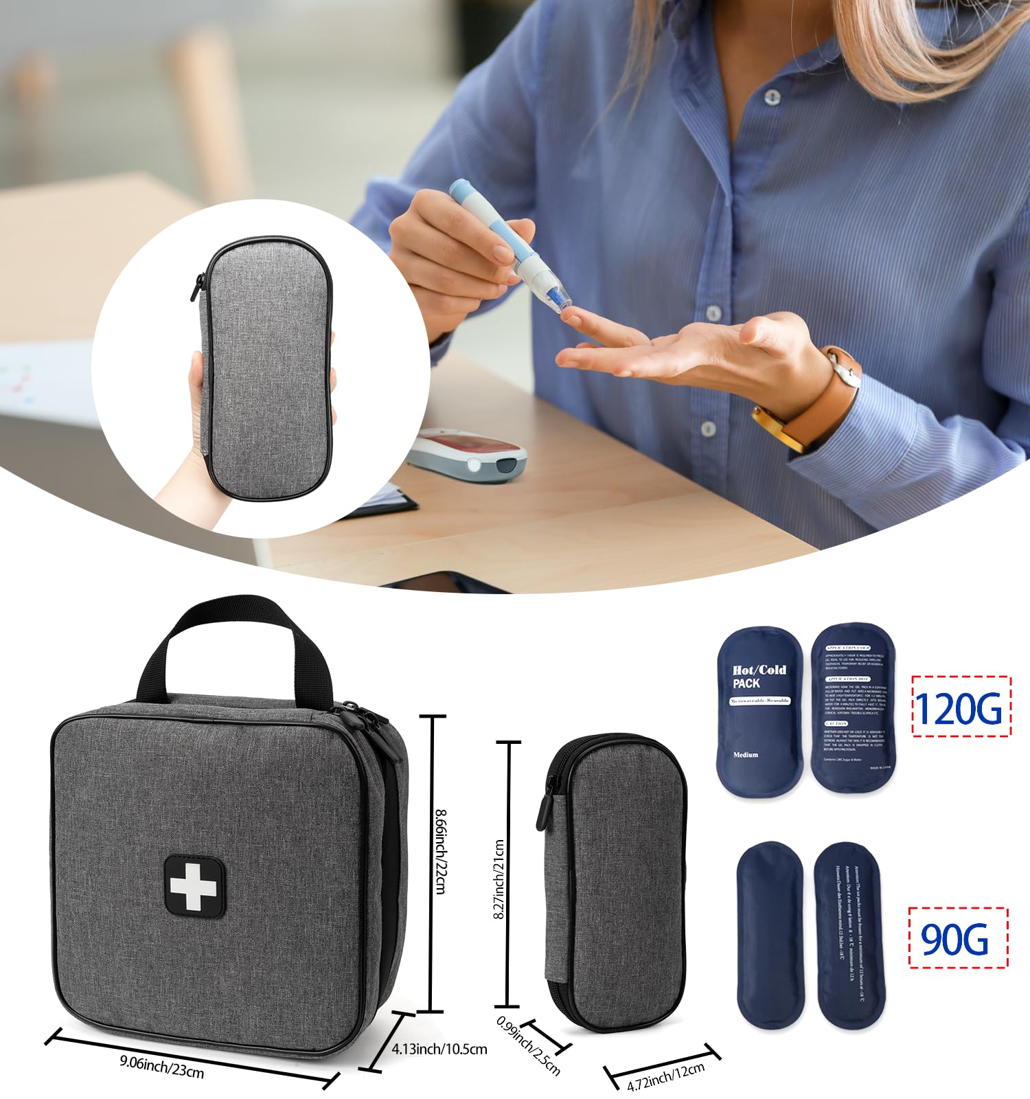 Glamgen Grande custodia da viaggio per insulina, con 4 confezioni di gel di ghiaccio riutilizzabili per diabetici, borsa organizer EpiPen con custodia refrigerante per penne Epi, aghi e fiale per
