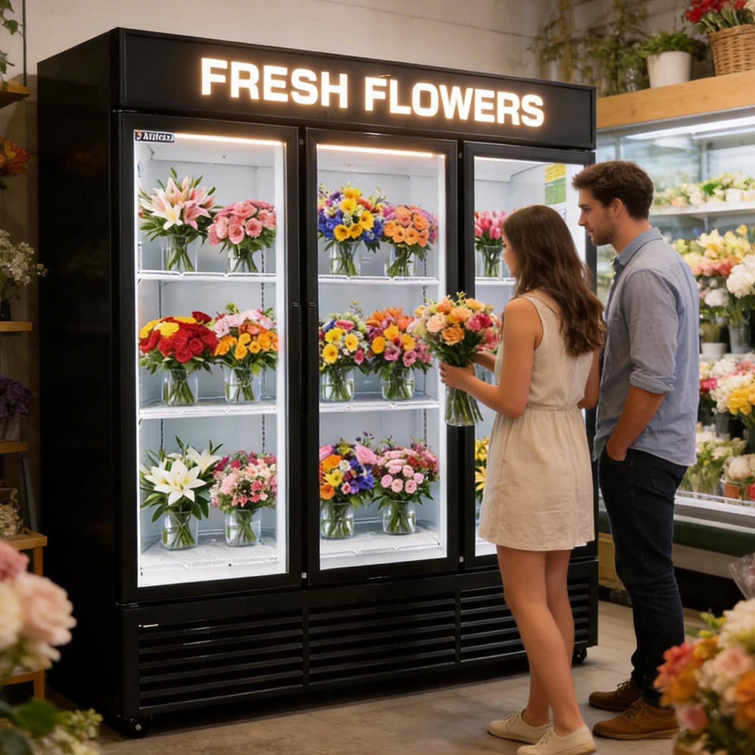 Commercial Flower Refrigerator Floral Display Cooler,3 Glass Doors Floral Fridge With LED Light Adjustable Shelves,ETL Approval,71" Wide,65 Cuft, Wheels Included