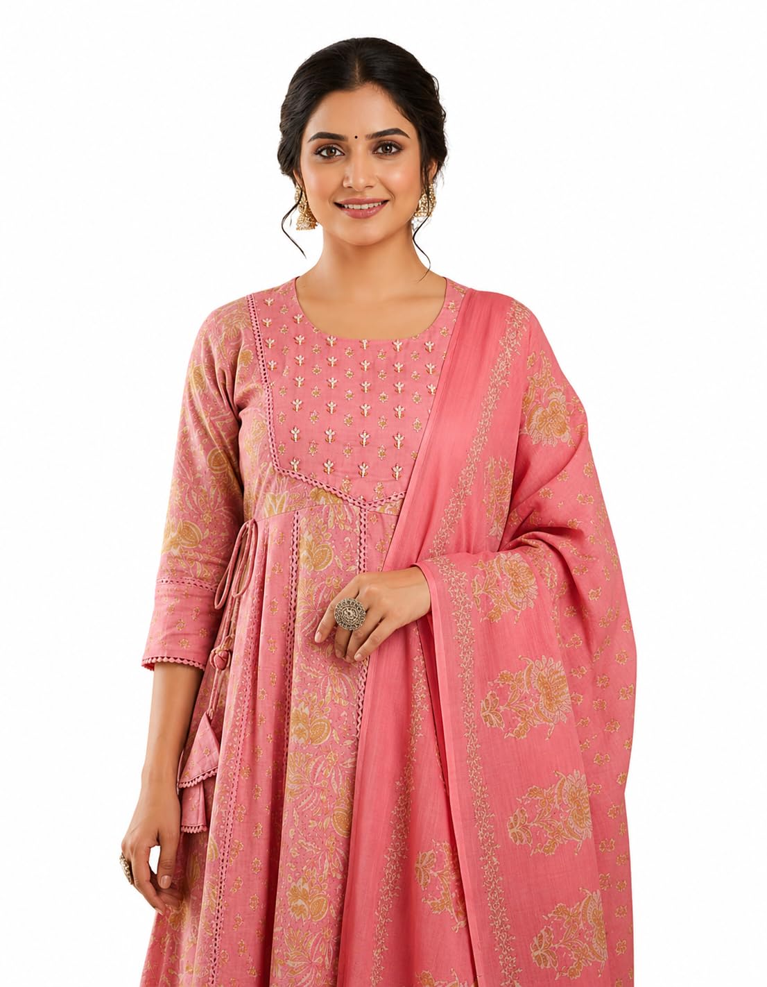 Pure Cotton Anarkali Kurta Set for Women with Dupatta | 3 Piece Cotton Anarkali Suit | Floral Aari Work | Flared Ethnic Wear