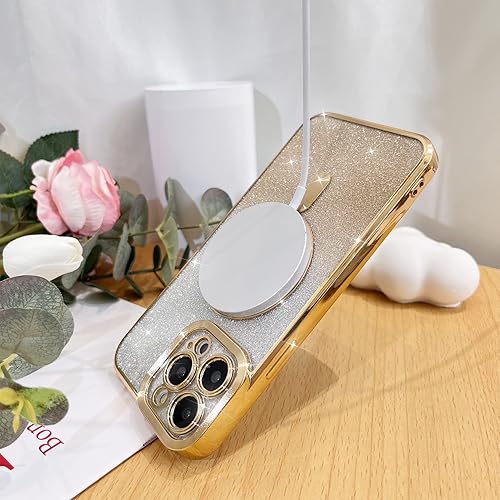 Miniatura 4 de KANGHAR Funda magnética con purpurina para iPhone 14 Pro Max de 6.7 pulgadas, diseño de patrón de corazón de amor chapado transparente compatible