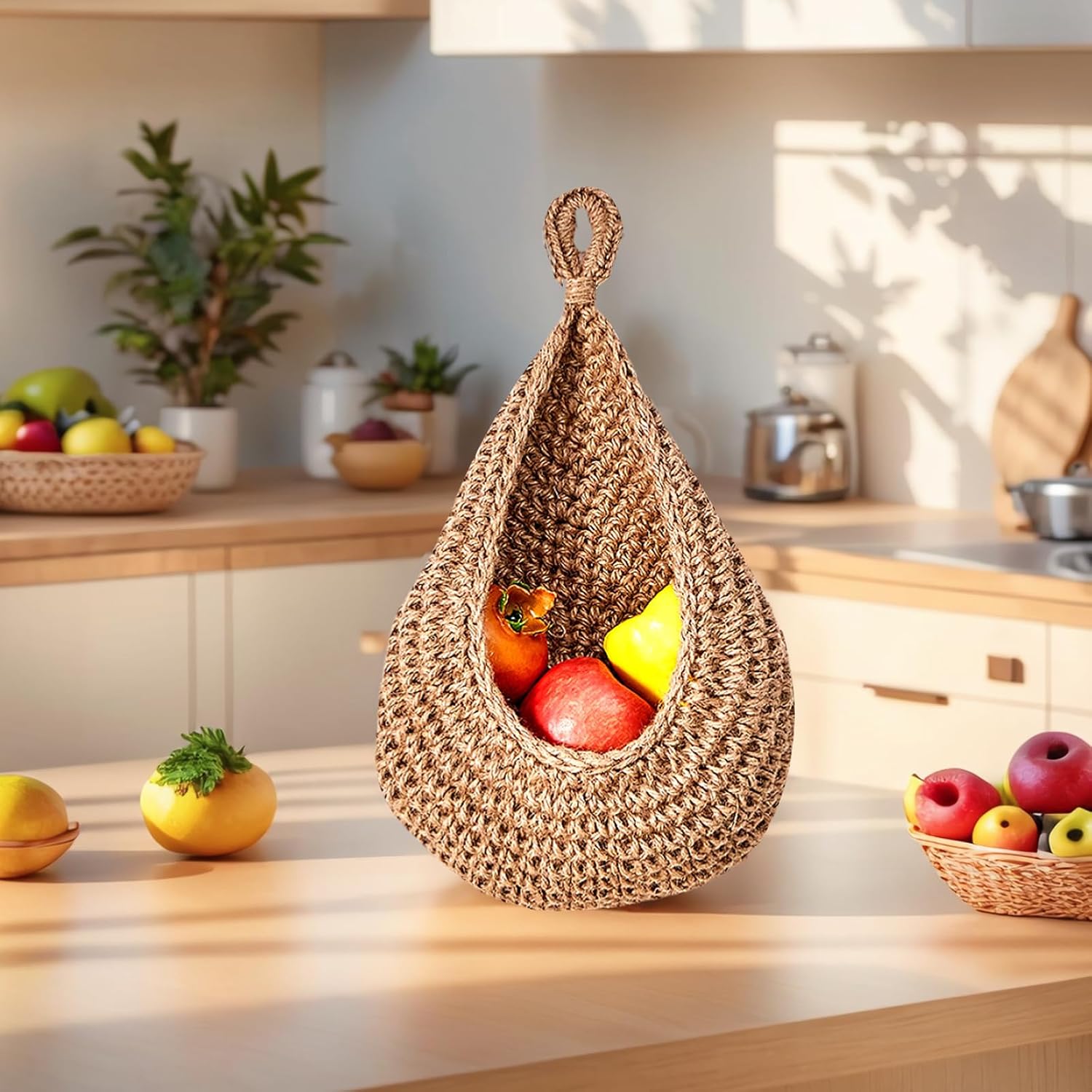 Hanging Fruit Basket Wall Hanging Basket Kitchen Organizer Produce Holder Storage Macrame Basket for Wife Mom 1 Pcs(Brown)