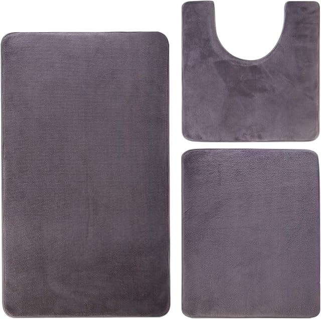 Memory Foam Bathroom Mats Set - 3 Pieces - Ultra Soft Non Slip Back and Absorbent Microfiber Bathroom Rug - Includes 20"x24"U-Shaped Toilet - 24"x16" Shower and 32"x20" Bath - Gray - Machine Washable